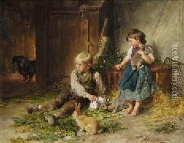 Madchen Und Junge Mit Kaninchen Im Stall Oil Painting - Felix Schlesinger