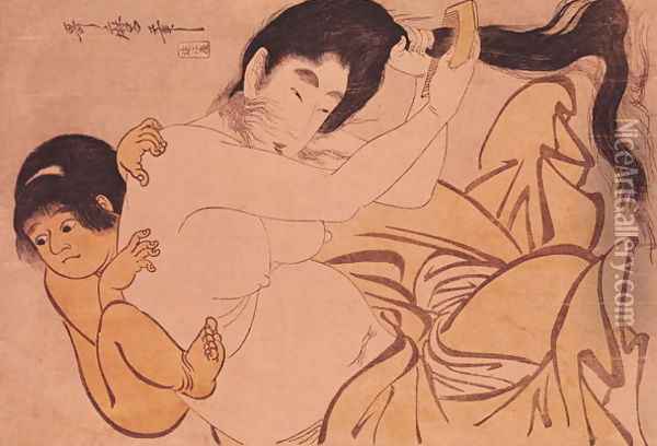 Yama-Uba, the Woman of the Mountain, with Kintoki, her Baby Oil Painting - Kitagawa Utamaro