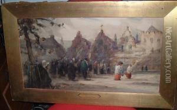 A Dutchstreet Scene With A Procession Of Figures Oil Painting - Thomas William Morley