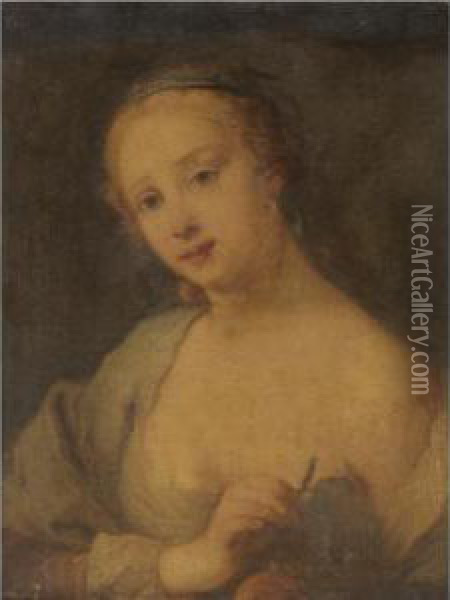 Portrait Of A Lady, Head And 
Shoulders, Holding A Vine Leaf Said To Be A Princess Of Ferrara Oil Painting - Jacopo (Giacomo) Amigoni