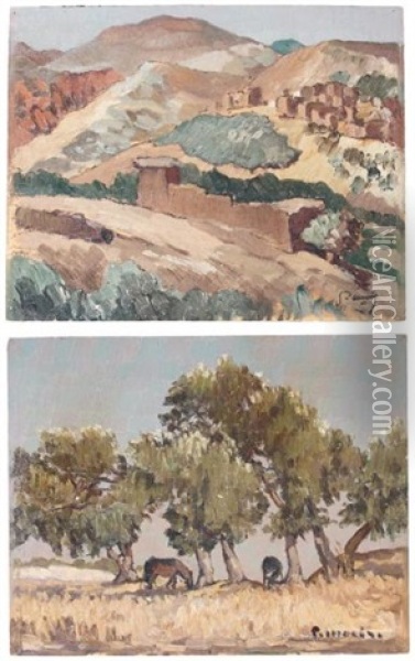 Le Village De Tahanaout - Chevaux Sous Les Oliviers (2 Works) Oil Painting - Louis Morere