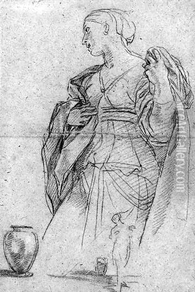 A standing female figure, a jar at her feet, with a subsidiary study of the same Study for Rebecca at the Well Oil Painting - Carlo Maratta or Maratti