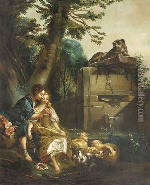 A shepherd teaching a shepherdess to play the flute Oil Painting - Francois Boucher