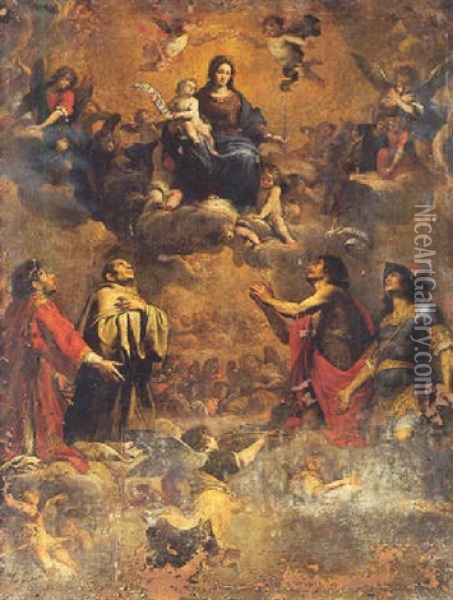 La Vierge En Gloire Avec Saint Georges, Saint Jean-baptiste, Saint Bernard Et Saint Laurent Oil Painting - Giovanni Battista Carlone