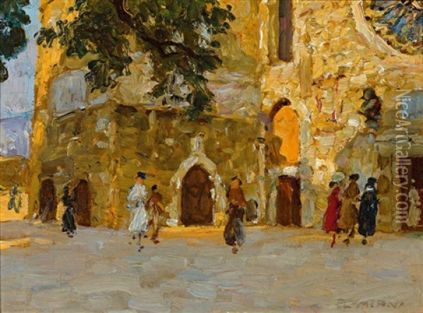 Trieste San Giusto. Kirchganger Auf Dem Platz Vor Der Kirche Oil Painting - Ugo Flumiani