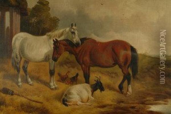 A Grey And A Bay, Recumbent Goat And Hens In A Meadow Beside A Thatched Barn Oil Painting - John Frederick Herring Snr