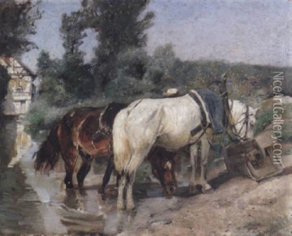 Zwei Ackerpferde An Der Tranke Und Am Futtertrog Oil Painting - Friedrich Eckenfelder