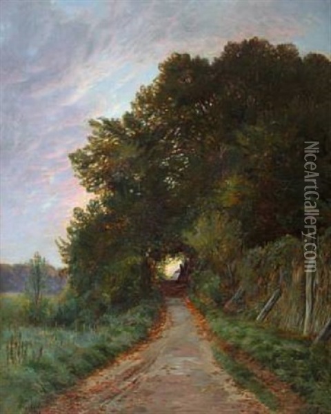 Landscape With Dirt Road In The Beginning Fall Oil Painting - Carl Carlsen