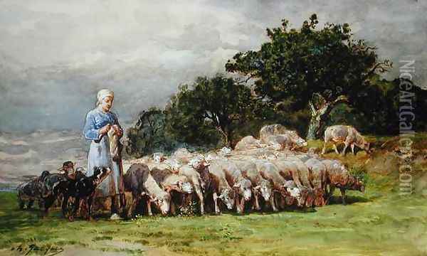 A Shepherdess with a Flock of Sheep Oil Painting - Charles Emile Jacques