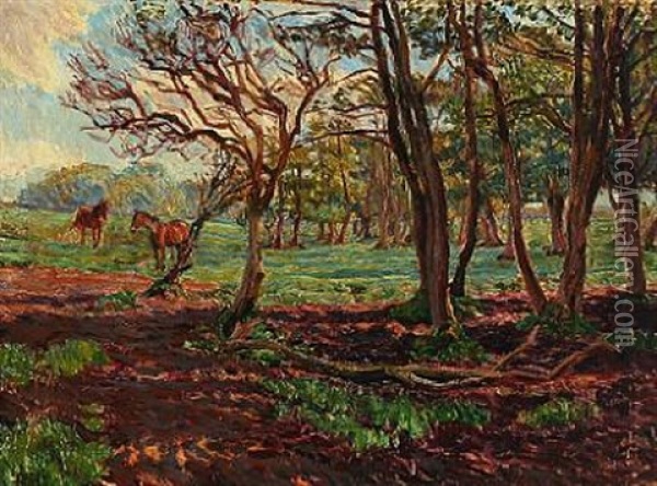 Grazing Horses At The Edge Of A Forest Oil Painting - Peter Marius Hansen