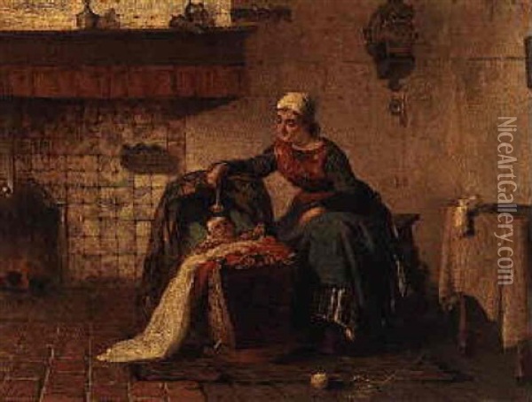 A Mother And Child By The Hearth Oil Painting - Sipke (Cornelis) Kool