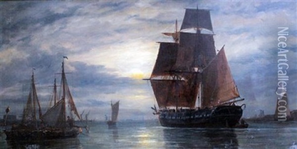 Gosport Traders Unloading By Moonlight Oil Painting - Richard Henry Nibbs