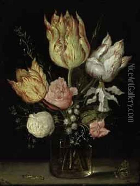 Tulips, Roses, A Bluebell, Narcissus Tortuosis, Forget-me-nots,lily Of The Valley And Cyclamen In A Flask Oil Painting - Ambrosius the Elder Bosschaert