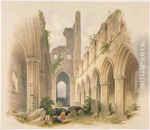 Kirkstall Abbey, the Nave and Choir, from The Monastic Ruins of Yorkshire, engraved by George Hawkins 1819-52, 1842 Oil Painting - William Richardson