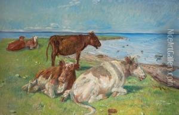 Cows. Salthol Strand 1913. Signed Monogram 1913 Oil Painting - Theodore Esbern Philipsen