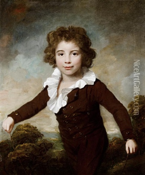 Portrait Of A Young Boy In A Brown Coat And Breeches, Holding A Skipping Rope Before A Landscape Oil Painting - Lemuel Francis Abbott
