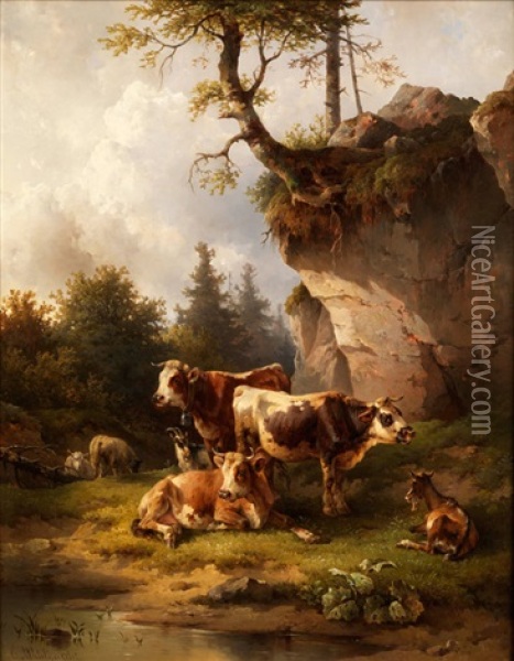 Kuhe, Schafe Und Ziegen Am Bachufer Oil Painting - Edmund Mahlknecht