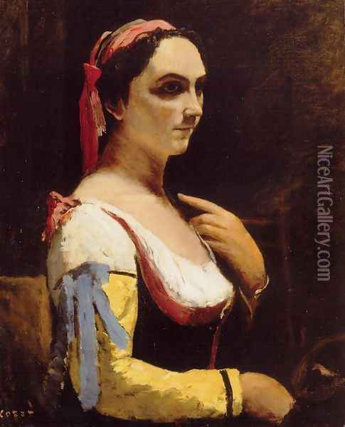 Italian Woman with a Yellow Oil Painting - Jean-Baptiste-Camille Corot