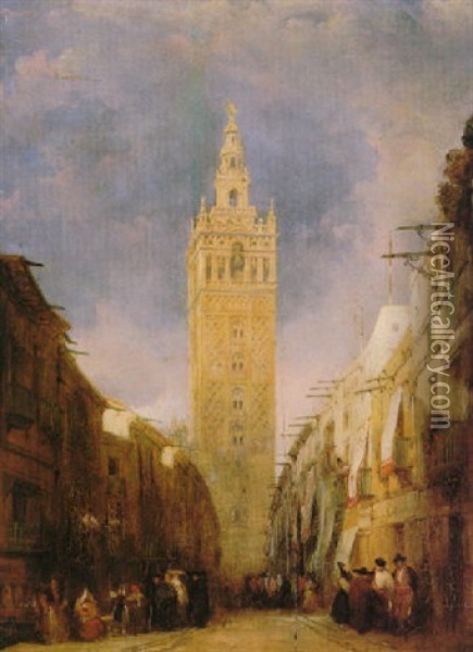 Vista De La Giralda Desde La Calle Borceguineria Oil Painting - Genaro Perez Villaamil