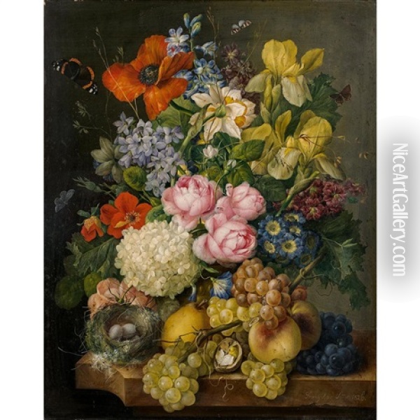 Bouquet Of Flowers : Roses, Irises, Hortensias, Poppies, Black Grapes, Peaches, Pairs, Butterflies And A Nest Oil Painting - Franz Xaver Petter