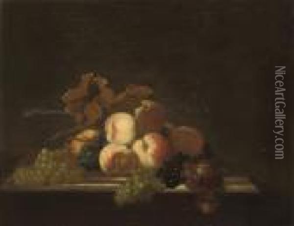 Peaches And Grapes On The Vine, On A Stone Ledge Oil Painting - Tobias Stranover