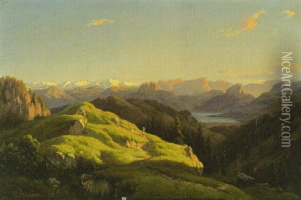 Alm Im Gebirge Mit Blick Auf Einen Gebirgssee Oil Painting - Eduard Gleim