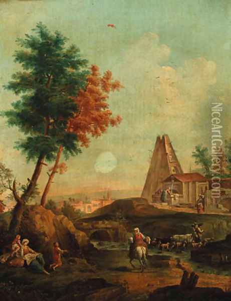 An Italianate landscape with shepherds crossing a stream, washerwomen at a fountain beyond Oil Painting - Gianbattista Cimaroli