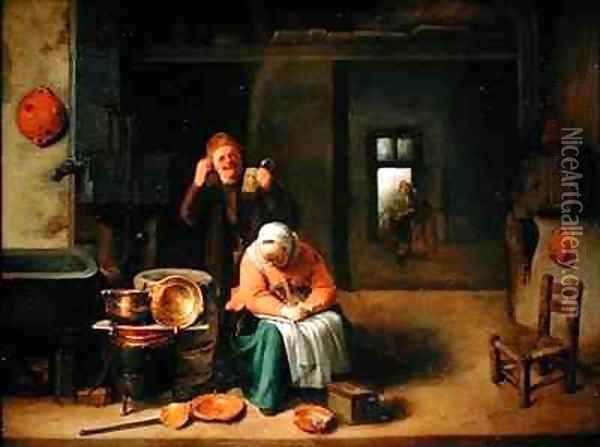 Kitchen Interior with a Man Drinking and a Woman Spinning Wool Oil Painting - Pieter Jacobsz (called Colinchovius) Duyfhuysen