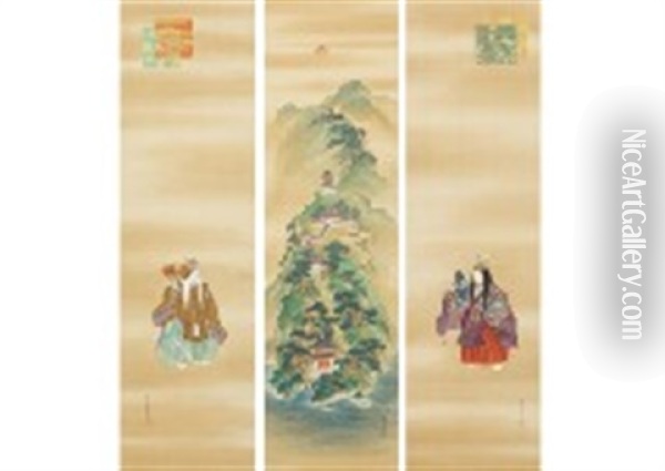 Hourai Mountain And Crane And Turtle (a Set Of 3 Scrolls) Oil Painting - Shokoku Ikai