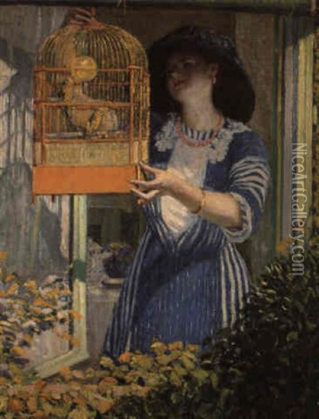 The Open Window-the Bird Cage Oil Painting - Frederick Carl Frieseke