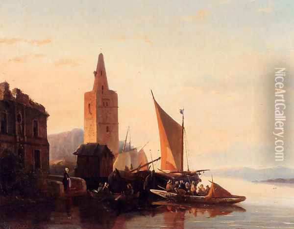 Moored Shipping By A Lighthouse Oil Painting - Francois-Jean-Louis Boulanger
