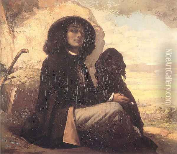 Self Portrait (or Courbet with a Black Dog) Oil Painting - Gustave Courbet