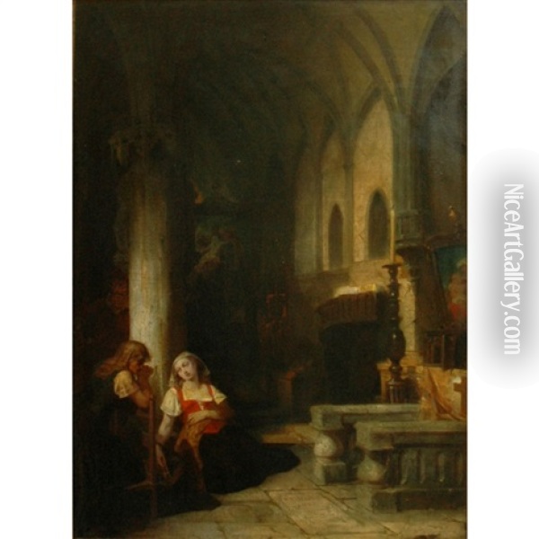 Church Interior With Figures Oil Painting - Peter Frederick Rothermel