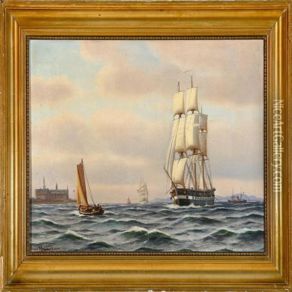 Fregatten Jylland Staaer Sundet Ud Oil Painting - Johann Jens Neumann