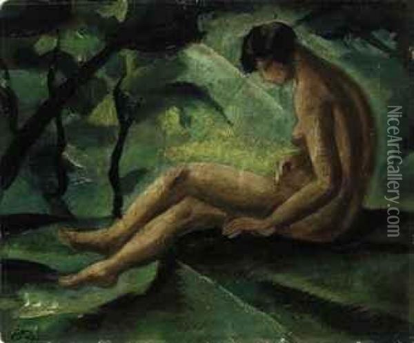 Nude In A Forest Oil Painting - Lajos Csabai-Ekes