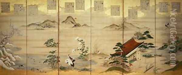 Six panel screen with birds and flowers of the twelve months 2 Oil Painting - Tosa Mitsunari