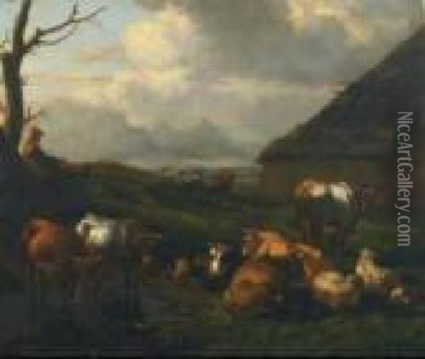 Drover With Sheep And Cattle Resting Outside A Cottage Oil Painting - Nicolaes Berchem