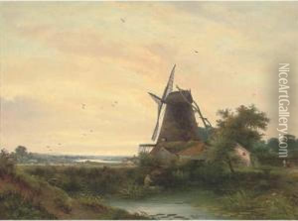 The Estuary; And The Windmill Oil Painting - William Henry Crome