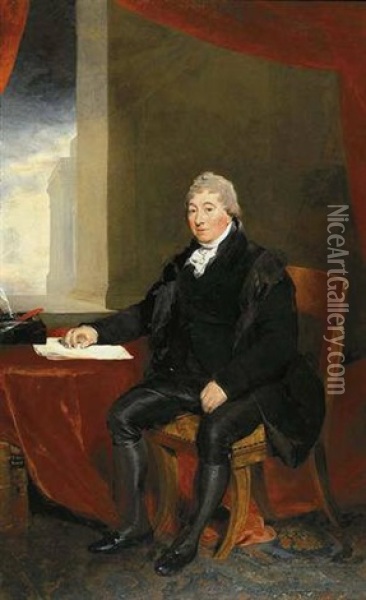 Portrait Of Sir Robert Wigram, 1st Bt., Seated Beside A Draped Table, His Hand Resting On Some Papers, A Classical Portico Visible Beyond Oil Painting - Thomas Lawrence