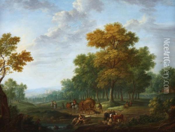 Landscape Withtravellers By Foot
 And Horse-drawn Cart. In The Front A Shepardwith His Sheep, A Castle At
 The Horizon Oil Painting - Joseph van Bredael