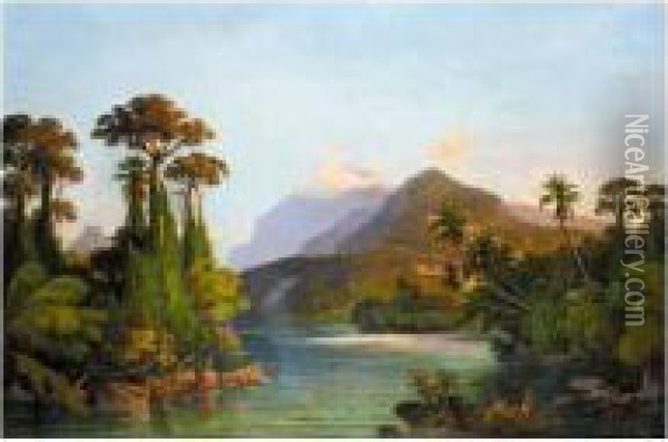 A Bay With Mountains Beyond, Ceylon Oil Painting - Hermann Reichsfreih. Von Konigsbrunn