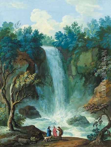 Figures and a dog standing before a waterfall Oil Painting - John Laporte