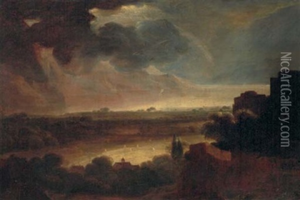 An Extensive Stormy Landscape With A Coastal Inlet Beyond Oil Painting -  Rembrandt van Rijn