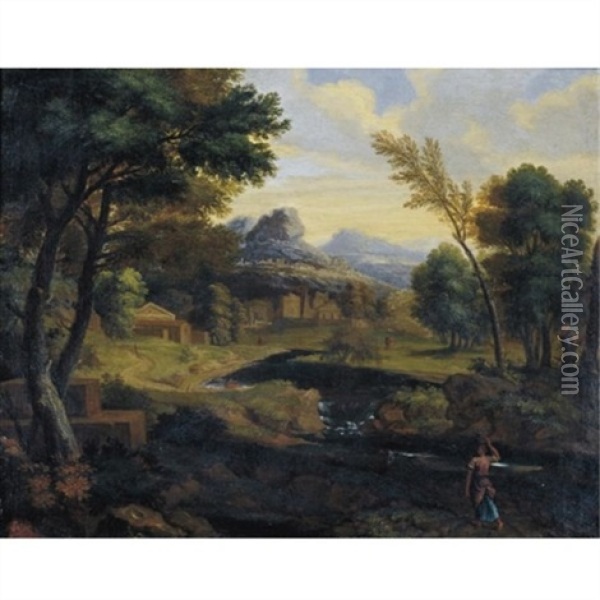 Figures In A Wooded Landscape Oil Painting - Gaspard Dughet