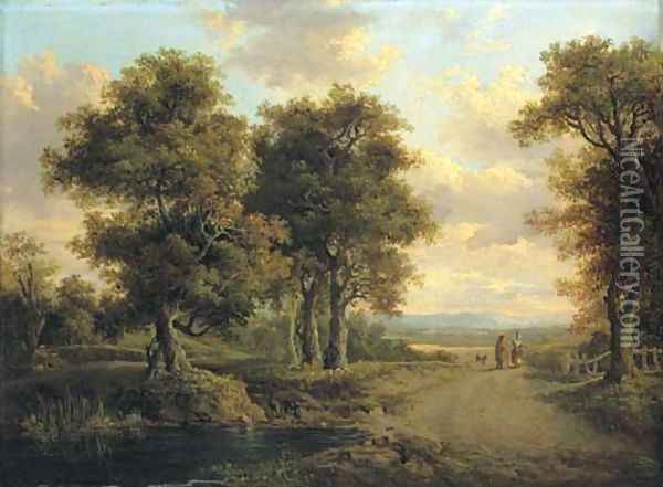 A wooded landscape with a pond in the foreground and figures on a path in the distance Oil Painting - Patrick Nasmyth