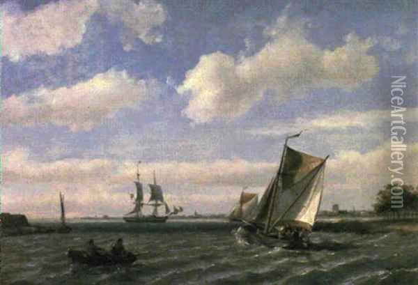 Dutch Shipping In The Mouth Of The Scheldt Oil Painting - Johannes Hermanus Barend Koekkoek