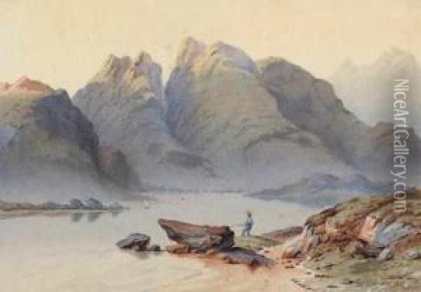 Bergsee Und Angler Oil Painting - Ferdinand Feldhutter