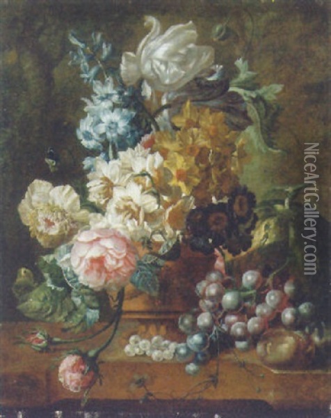 Roses, Tulips, A Hyacinth And Other Flowers In A Vase With A Melon, Grapes And Plums On A Marble Ledge Oil Painting - Paul Theodor van Bruessel