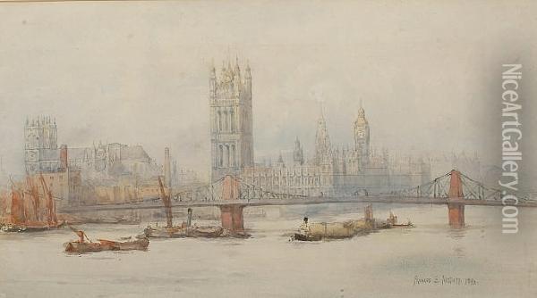 A View Of Westminster Cathedral And The Houses Of Parliament From The Thames Oil Painting - Frances E. Nesbitt
