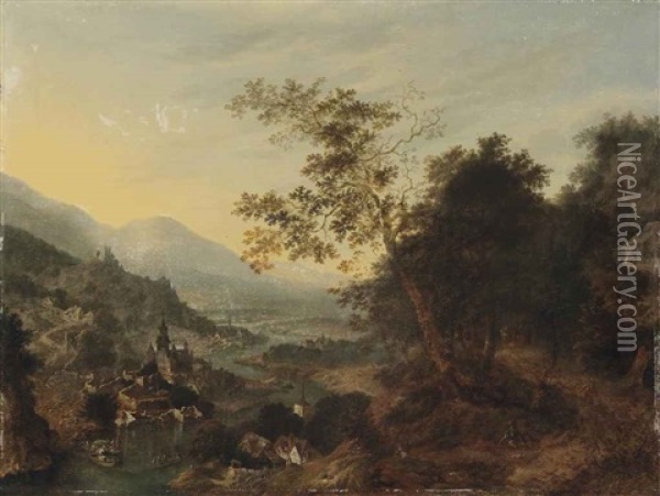 A Rhenish River Landscape With Travellers On A Path, Boats Moored Near A Castle On A Hill, A Town Beyond Oil Painting - Jan Griffier the Elder